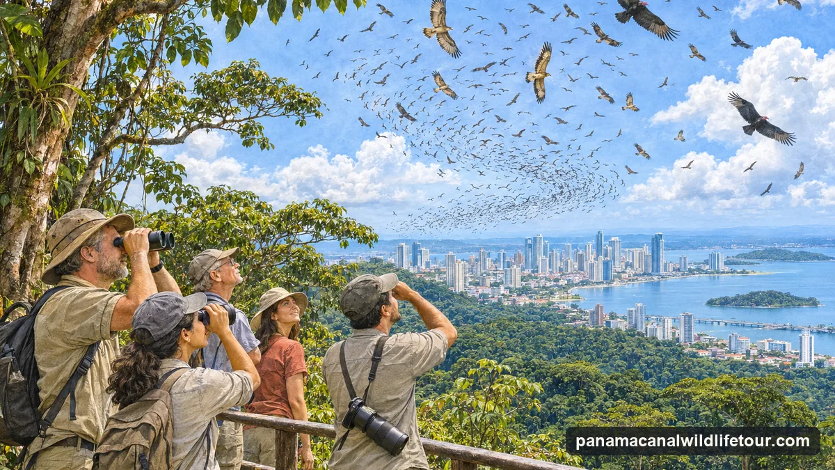 Illustration: birdwatchers on a forested hilltop above Panama City watching hundreds of migrating hawks and vultures circling overhead, the city and the bay below