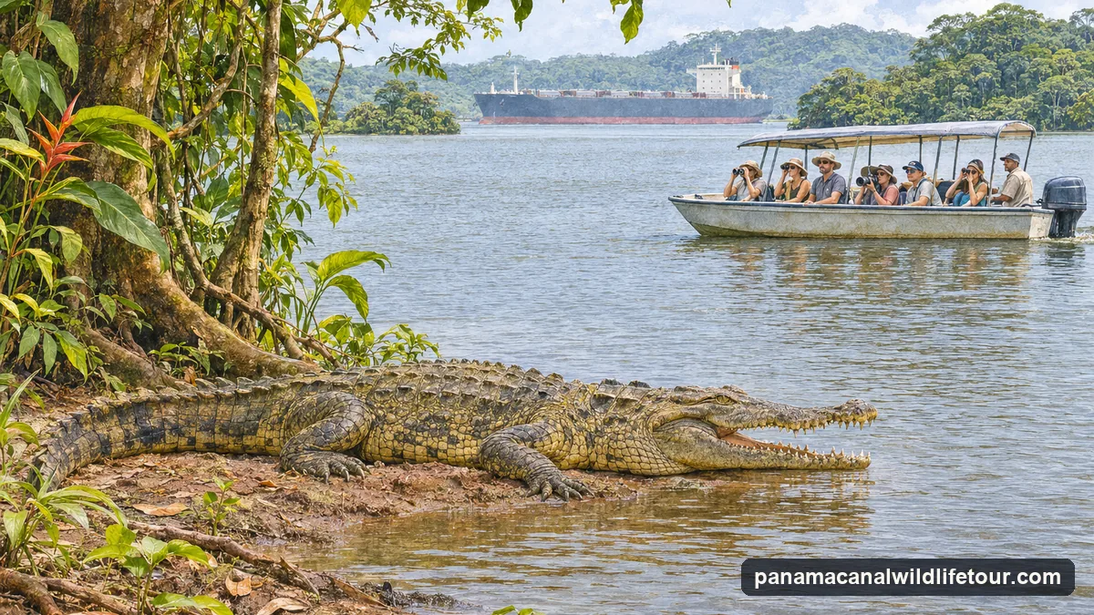 Illustration: an American crocodile basking on a muddy bank of Gatun Lake, a small tour boat watching from a distance, a cargo ship passing far behind