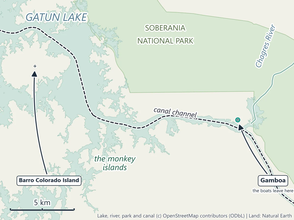 Map of the east end of Gatun Lake: Gamboa, where the wildlife boats leave, the Chagres River joining the lake, the canal channel across the water, the monkey islands, Barro Colorado Island and Soberania National Park