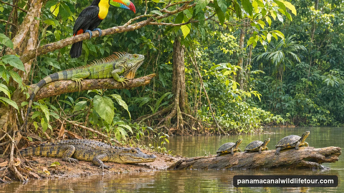 Illustration: the shore of Gatun Lake with a keel-billed toucan on a branch, a green iguana on a lower branch, a caiman basking on a mud bank and turtles on a log