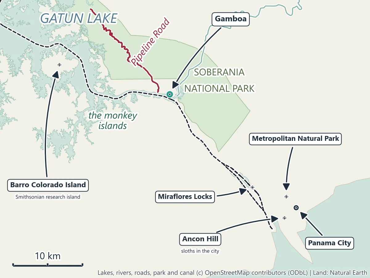 Map of the Panama Canal between Panama City and Gatun Lake: Gamboa, Pipeline Road and Soberania National Park, the monkey islands and Barro Colorado Island in the lake, the Miraflores Locks, and Ancon Hill and the Metropolitan Natural Park in Panama City