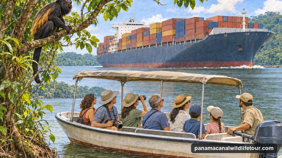 Illustration: a small tour boat beside a forested island with a howler monkey in the trees, its passengers watching a huge container ship pass on the canal channel