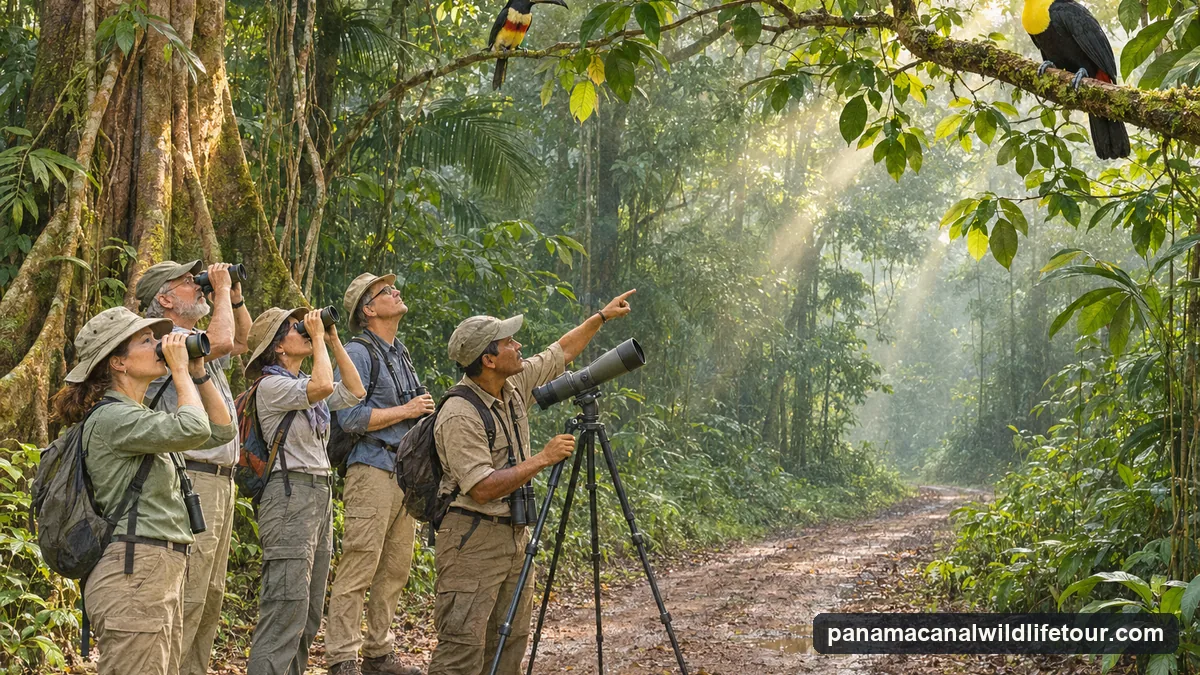 Illustration: birders with binoculars and a guide with a spotting scope on a dirt road in the rainforest, looking up at a keel-billed toucan and a collared aracari