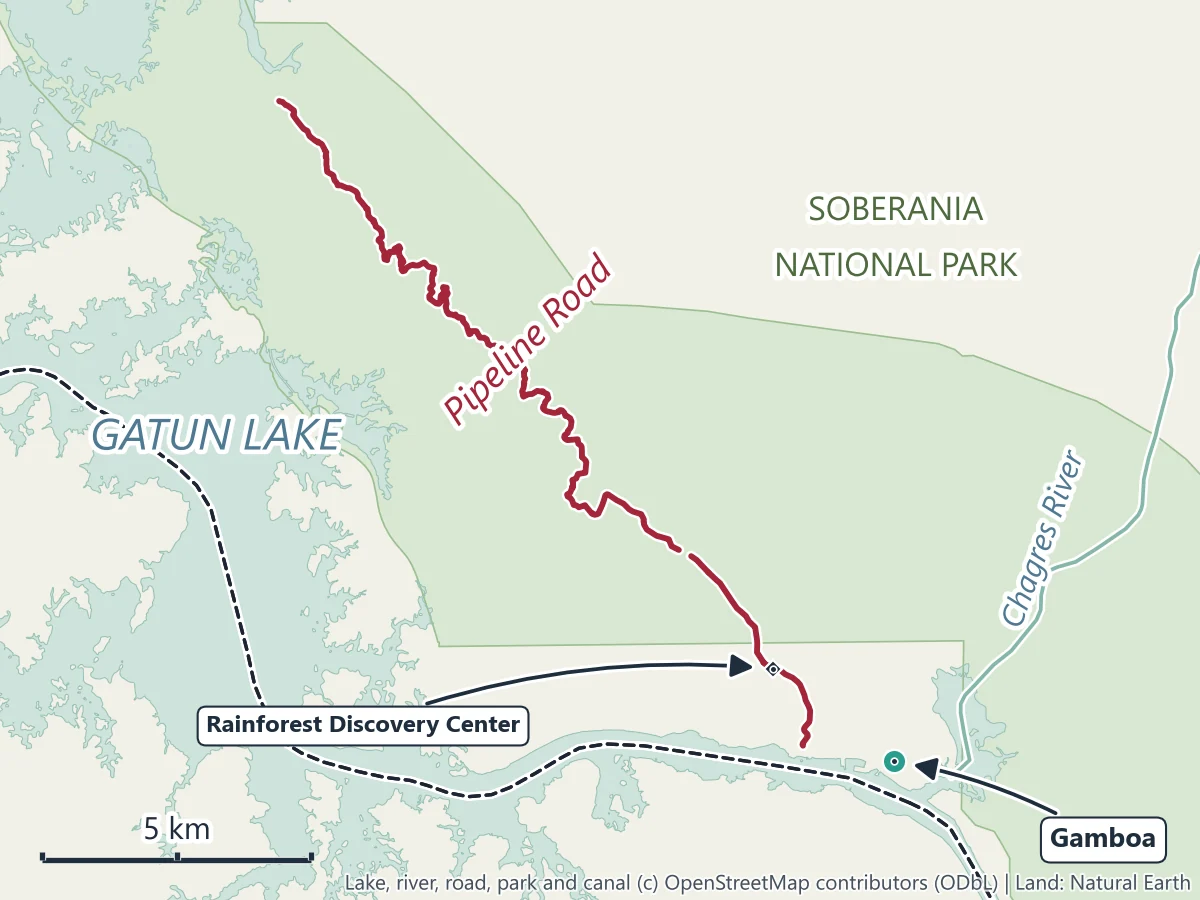 Map of Pipeline Road running north from Gamboa through Soberania National Park beside Gatun Lake, with the Rainforest Discovery Center near its start and the Chagres River to the east