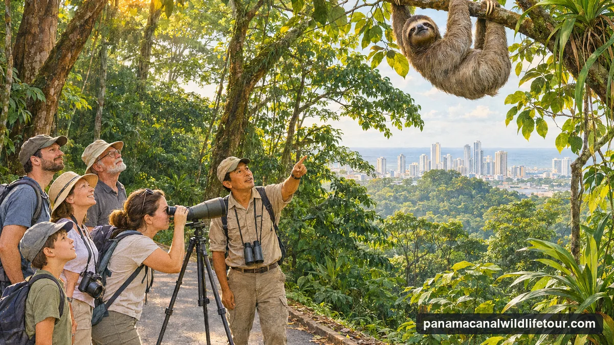 Illustration: a guide and visitors with a spotting scope on a forested hill road in Panama City, looking up at a three-toed sloth in a tree, the city skyline far below