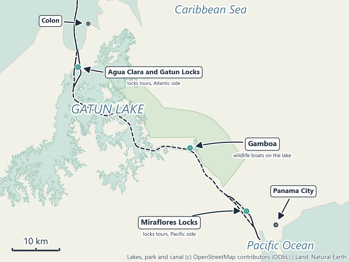 Map of the Panama Canal from the Pacific Ocean to the Caribbean Sea: the Miraflores Locks near Panama City for locks tours on the Pacific side, Gamboa on Gatun Lake for wildlife boats, and the Agua Clara and Gatun Locks near Colon for locks tours on the Atlantic side